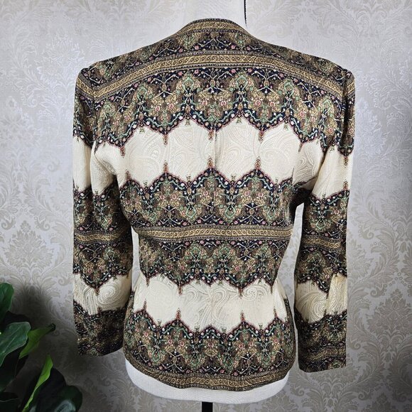 Adrianna Papell Size 4 Cream/Tan Patterned Jacket 100% Silk Button Front Closure - Picture 8 of 13
